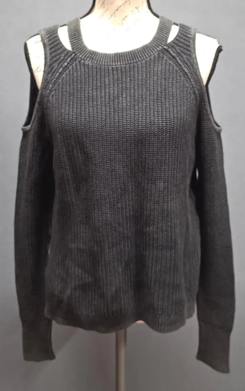 Hollister Womens Small Cold Shoulder Ribbed Sweater Chunky Knit Crew Gray Small